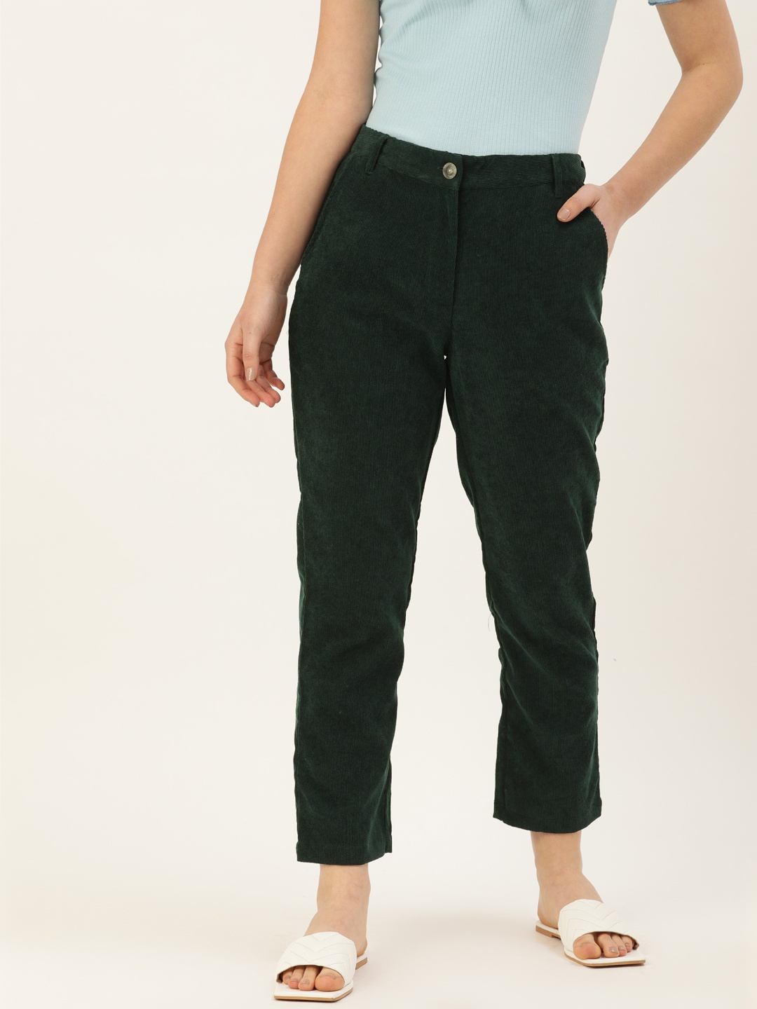 

AND Women Green Regular Fit Solid Cropped Regular Corduroy Trousers