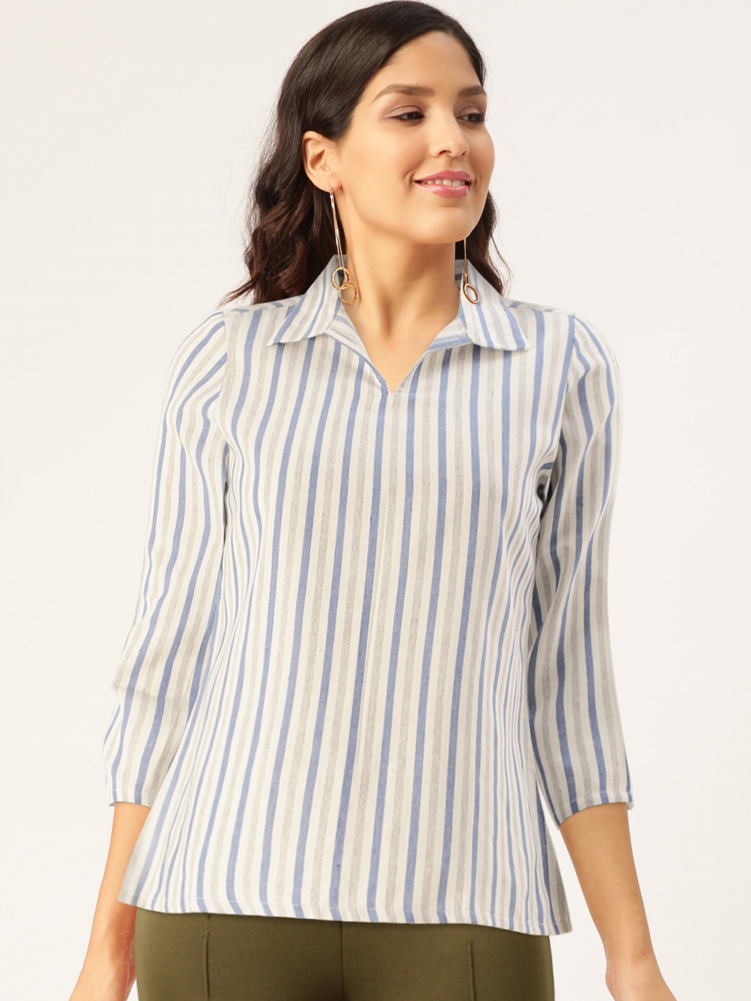 

AND Women White Striped Shirt Style Top
