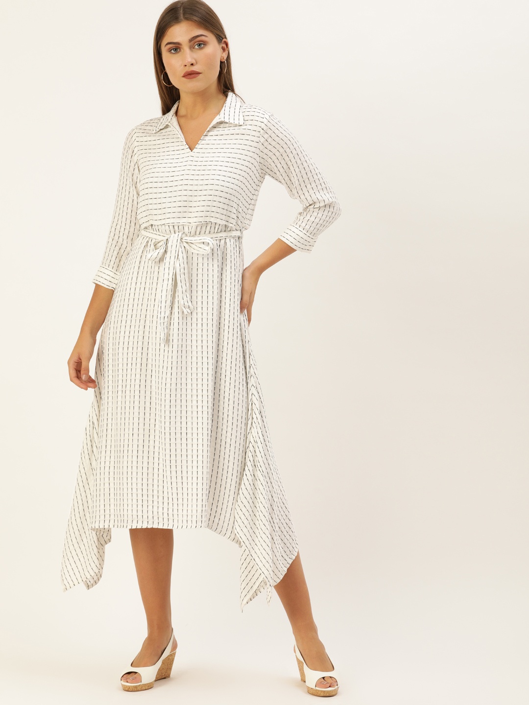 

AND Women White Striped Fit and Flare Dress