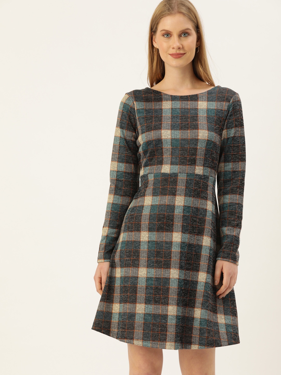 

AND Women Blue& Grey Checked Fit and Flare Dress