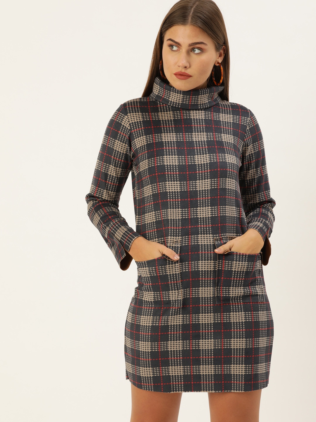 

AND Women Navy Blue & Red Checked Bodycon Dress