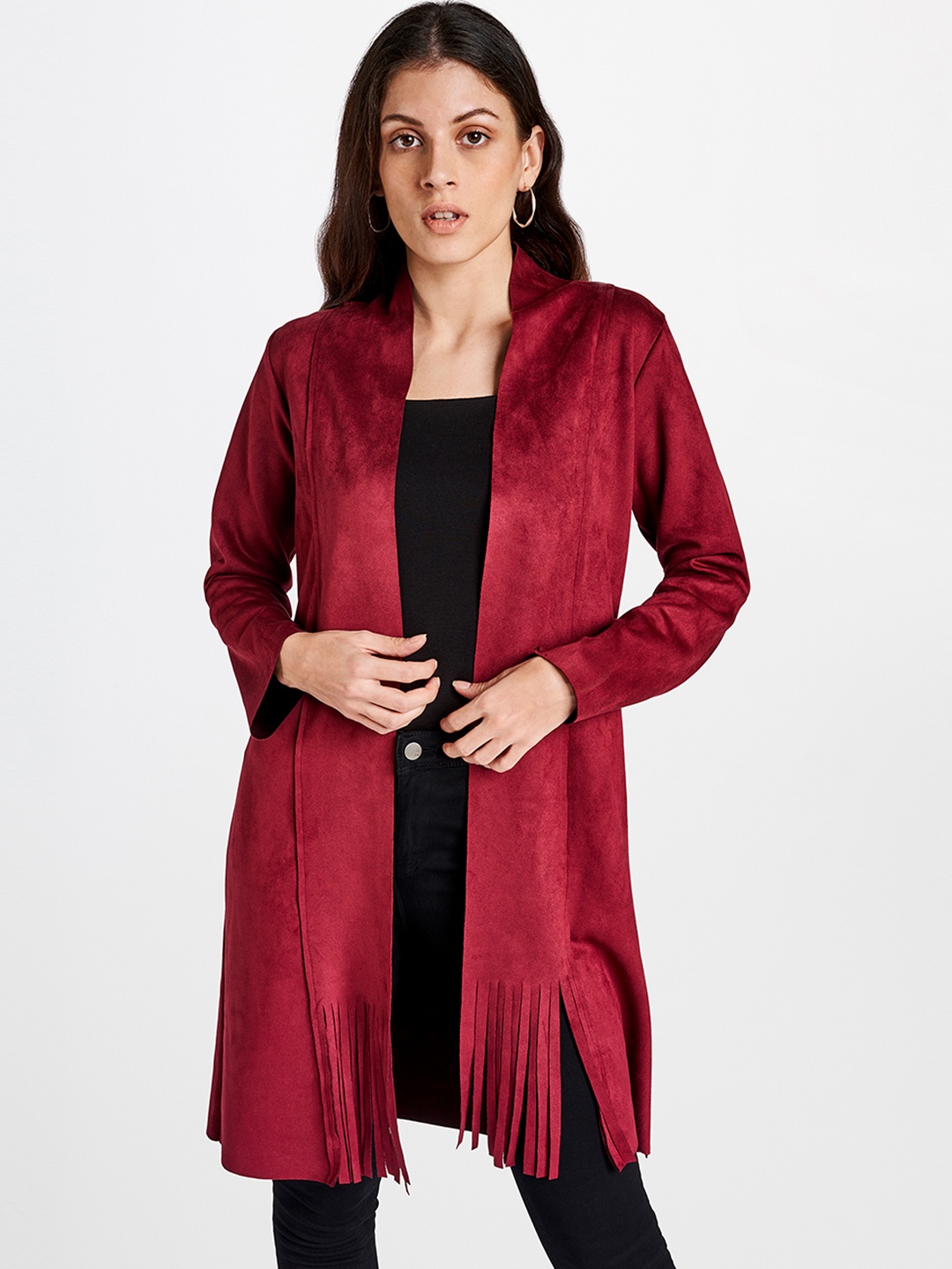 

AND Women Maroon Fringed Longline Shrug