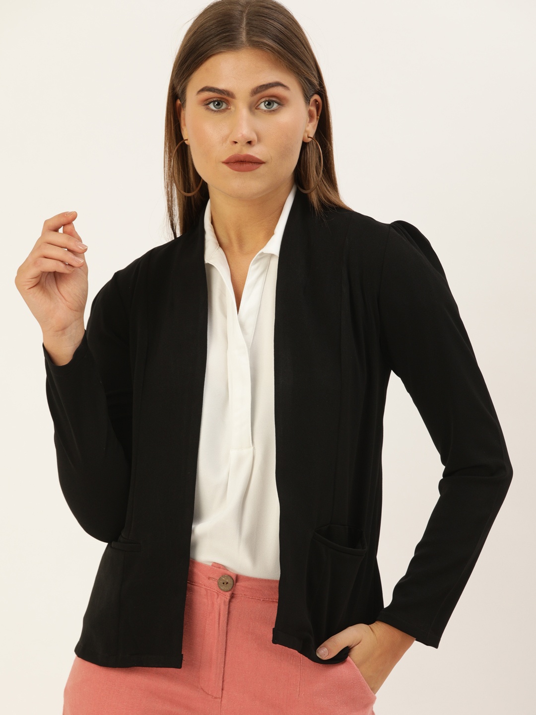 

AND Women Black Solid Open Front Jacket