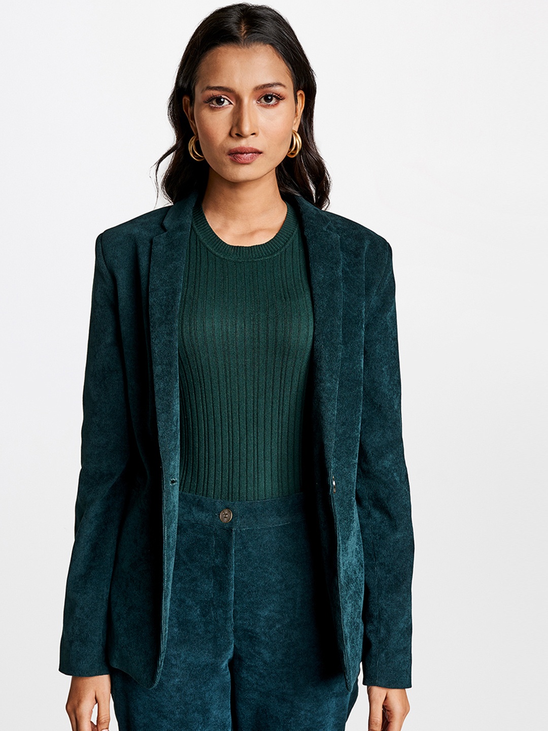 

AND Women Teal Green Solid Single-Breasted Corduroy Casual Blazer