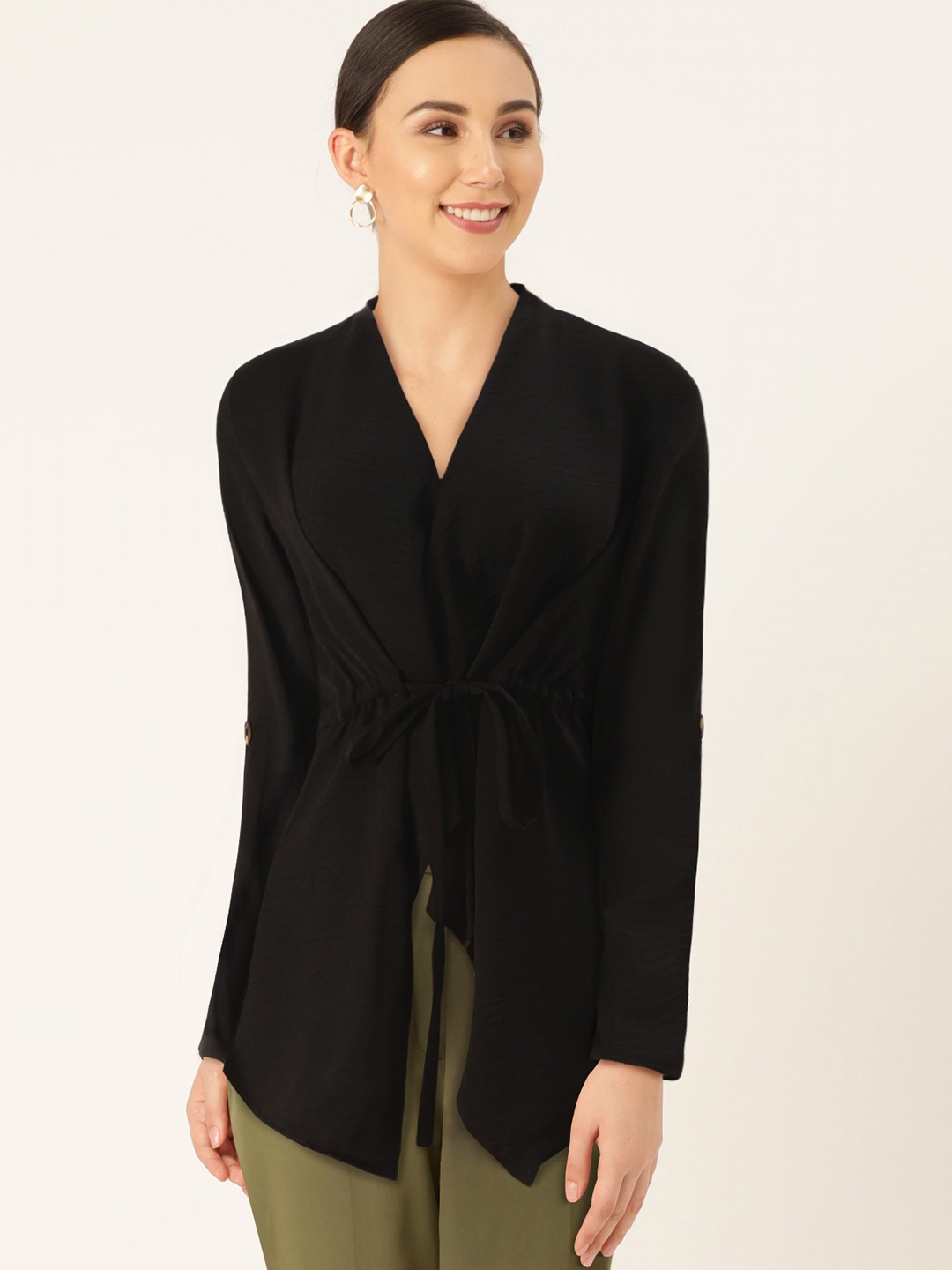 

AND Women Black Solid Tie-Up Shrug