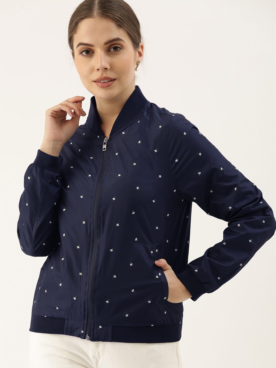 

AND Women Navy Blue Floral Bomber Jacket