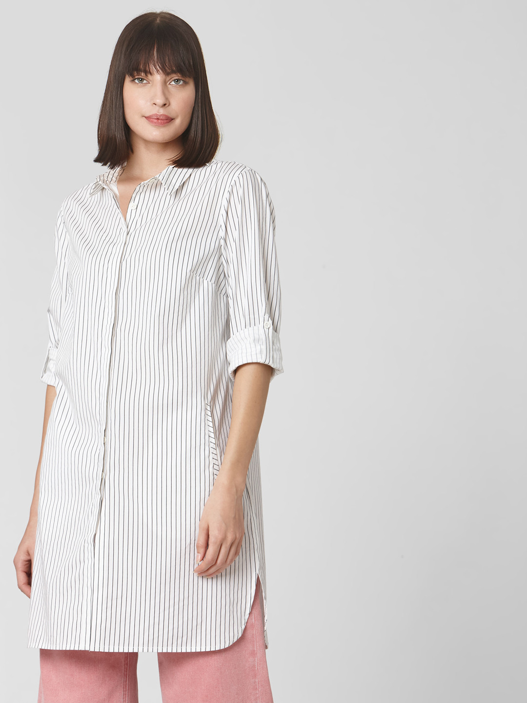 

Vero Moda Women White & Black Regular Fit Striped Longline Casual Shirt