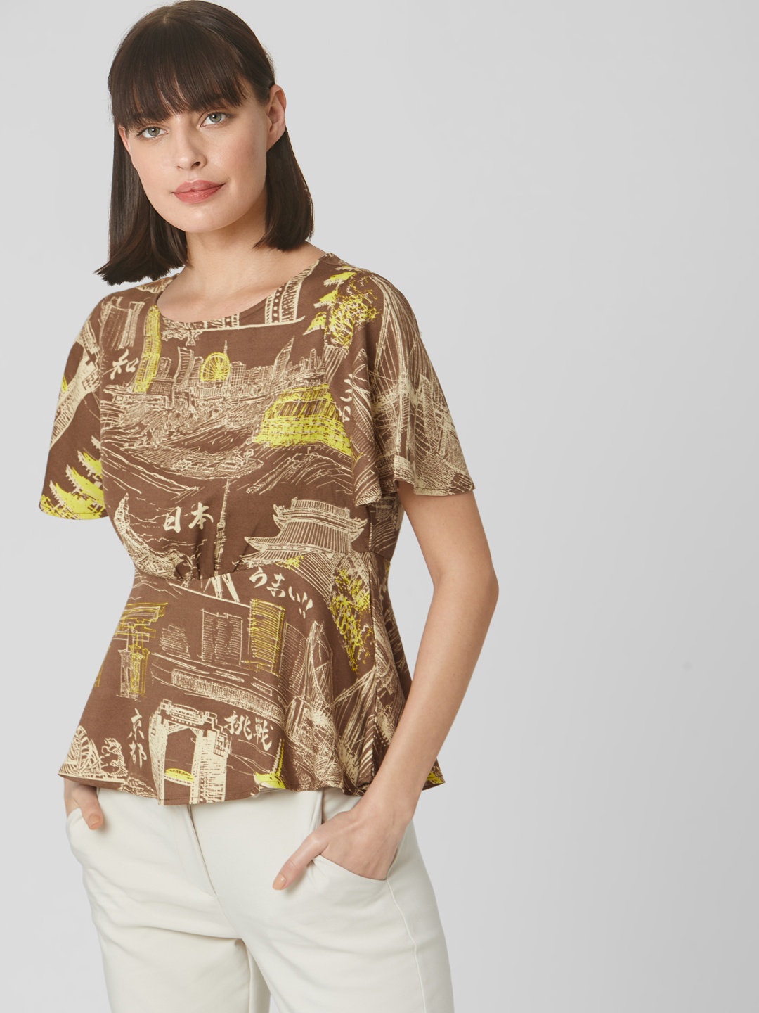 

Vero Moda Women Brown & Off-White Conversational Printed A-Line Top