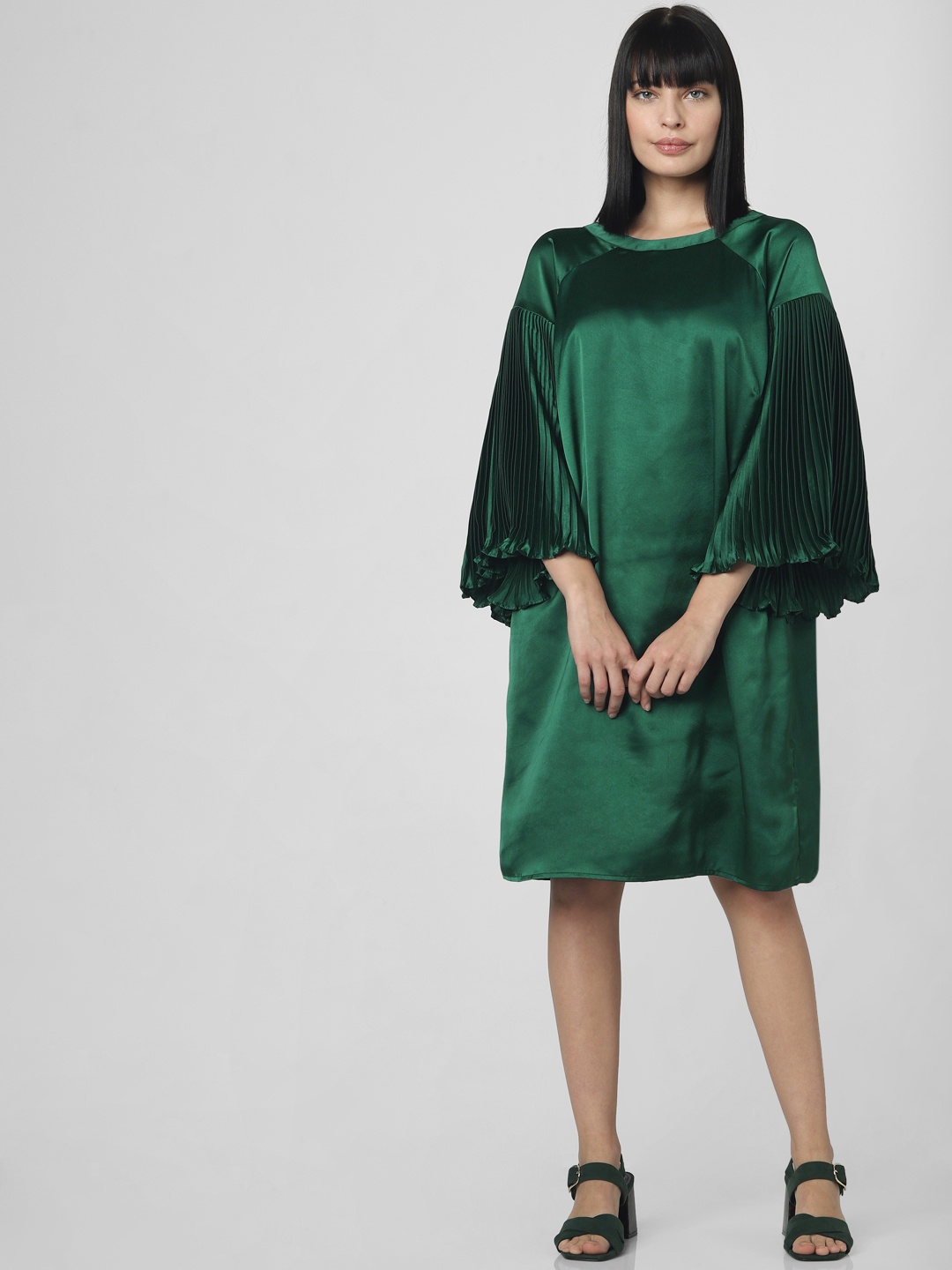 

Vero Moda Women Teal Green Solid Accordion Pleated Sleeved Sheath Dress