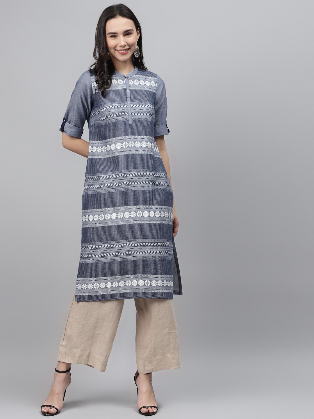 

AURELIA Women Navy Blue & White Embroidered Pure Cotton Straight Kurta