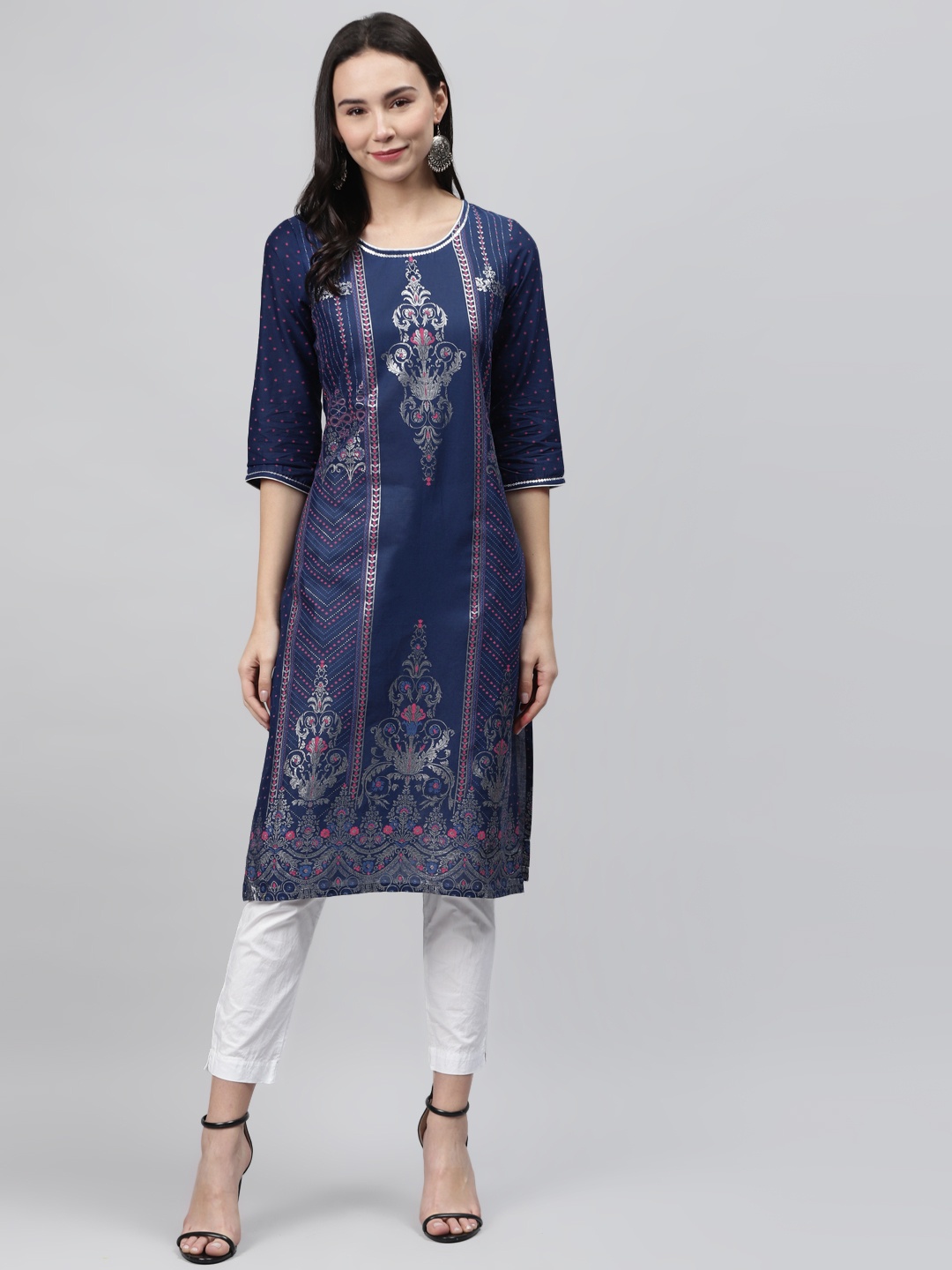 

AURELIA Women Navy Blue & White Printed Pure Cotton Straight Kurta