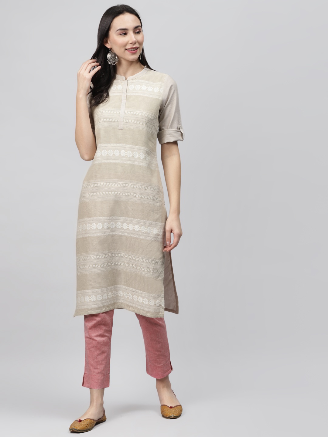 

AURELIA Women Beige Embroidered Pure Cotton Straight Kurta