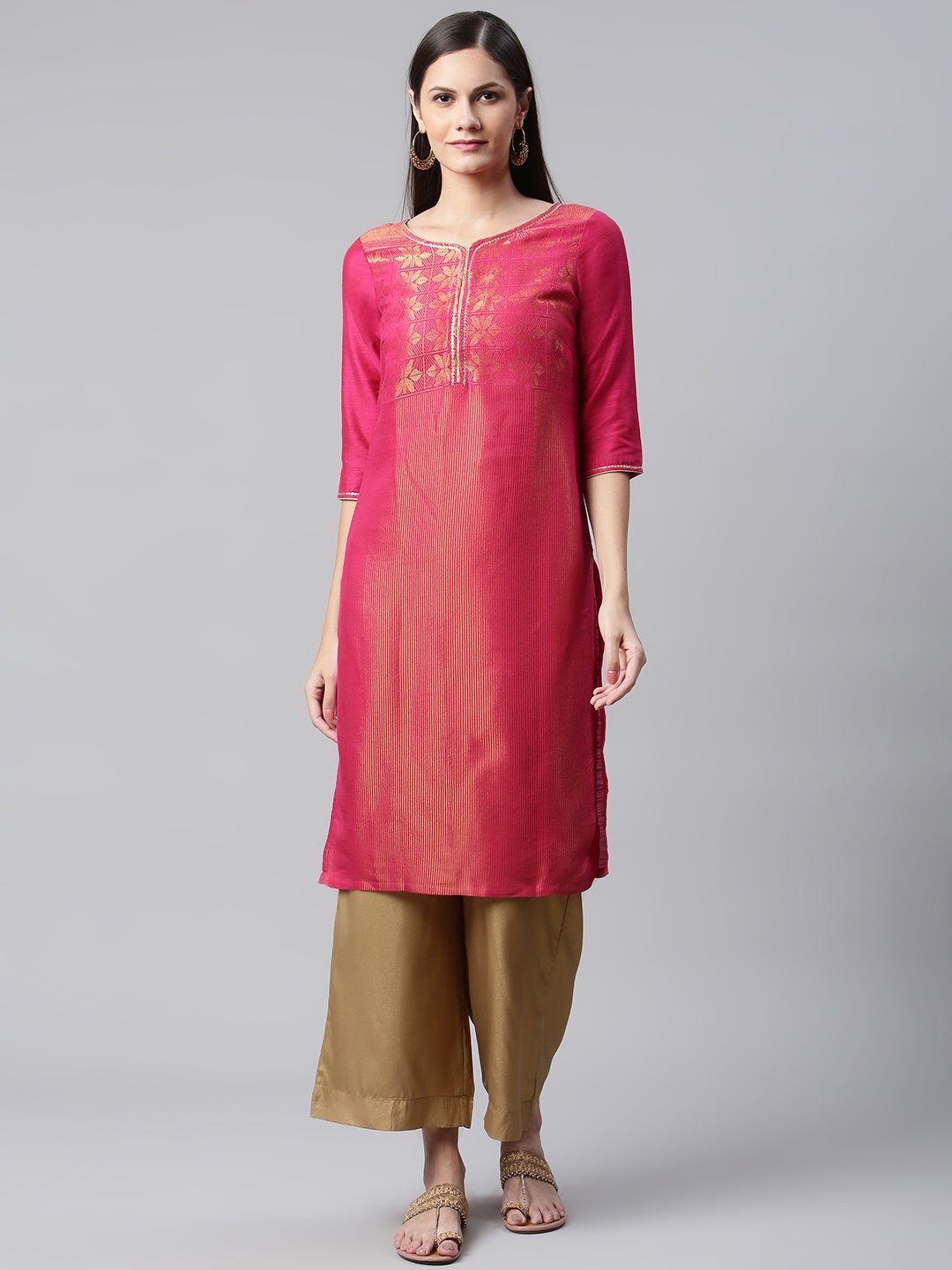 

AURELIA Women Pink & Gold-Toned Ethnic Motifs Printed Kurta