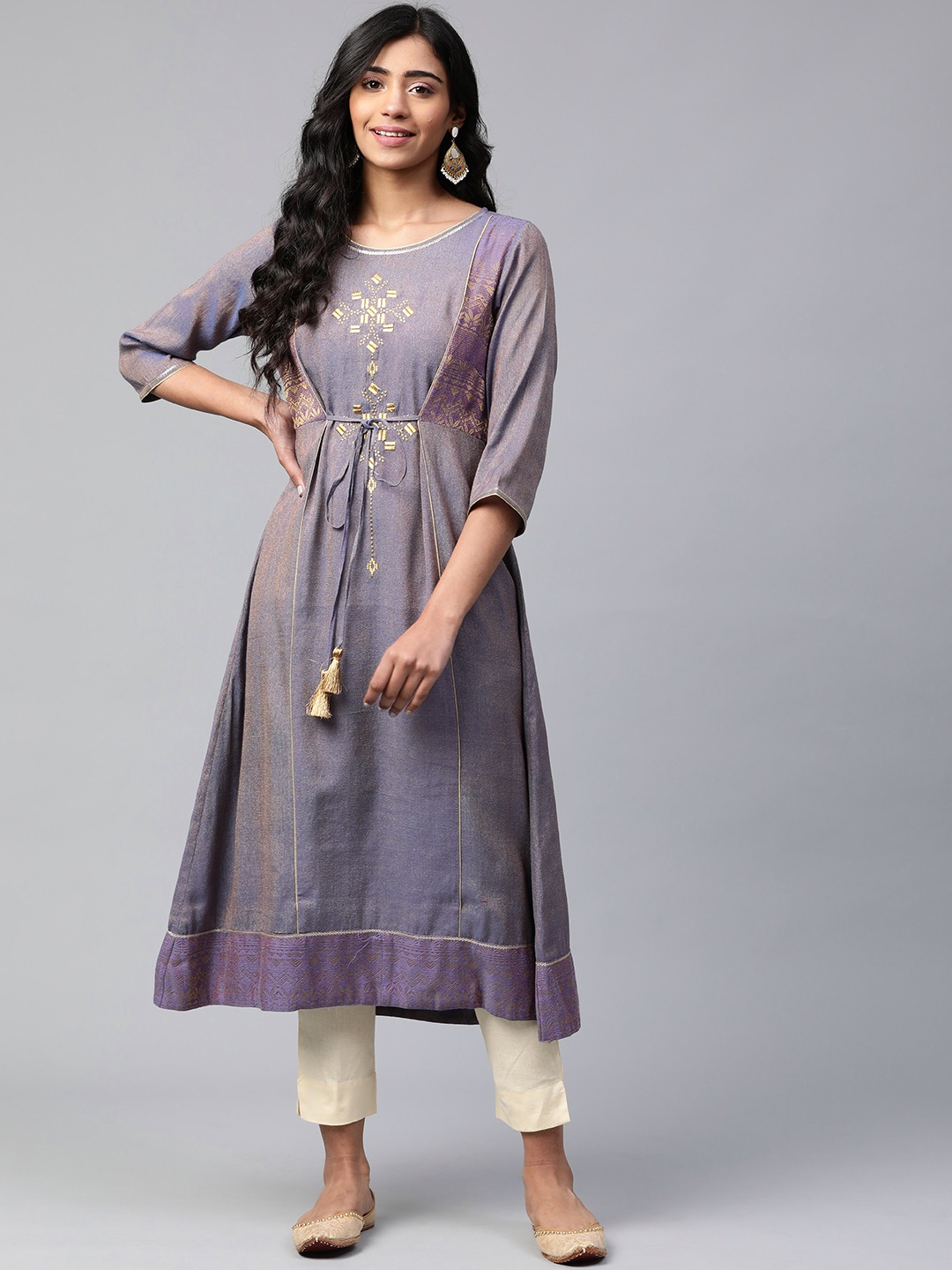 

AURELIA Women Purple & Golden Shimmer Embroidered Yoke Design A-Line Kurta