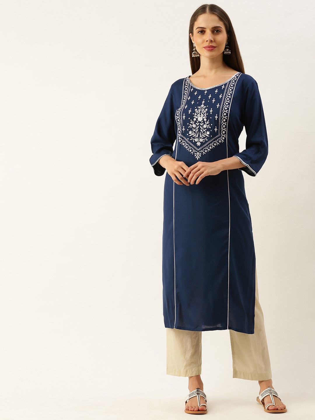 

Aurelia Women Navy Blue Embroidered Yoke Design Straight Kurta