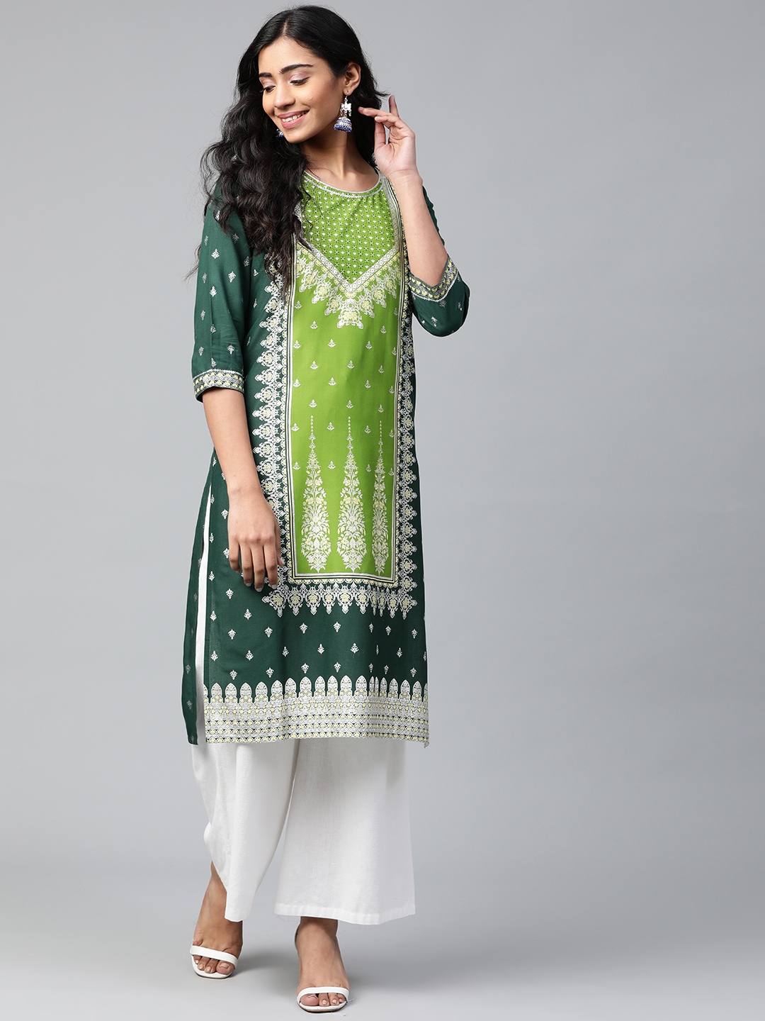 

AURELIA Women Green & White Printed Straight Kurta