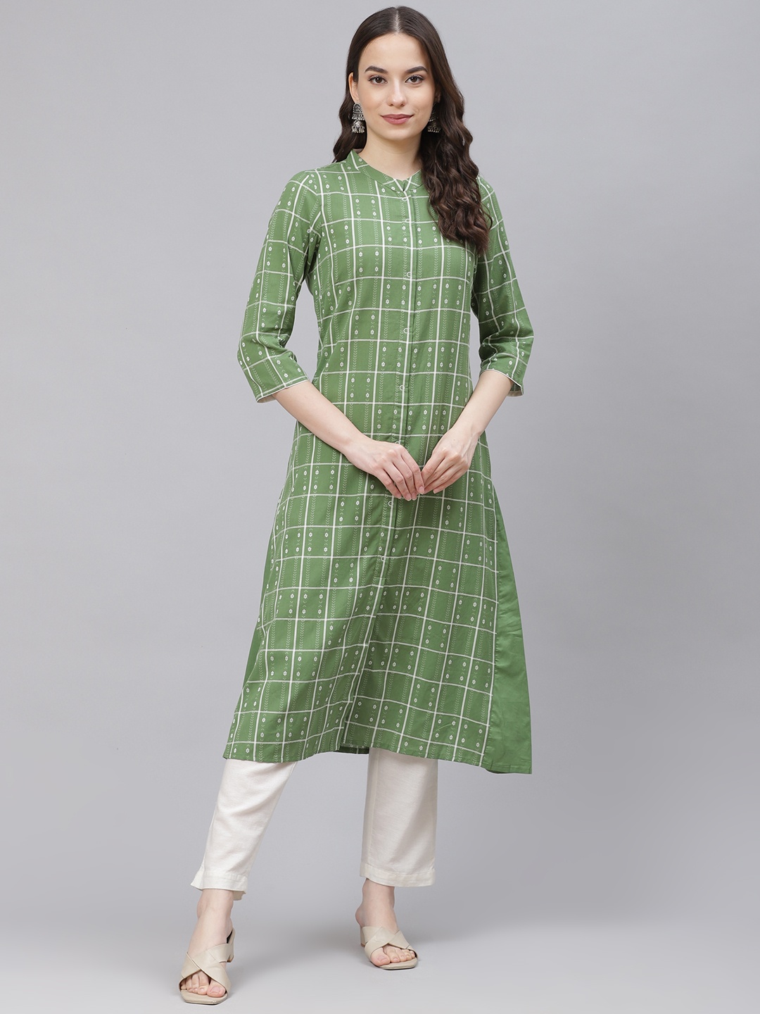 

AURELIA Women Green & White Pure Cotton Checked Front Slit A-Line Kurta