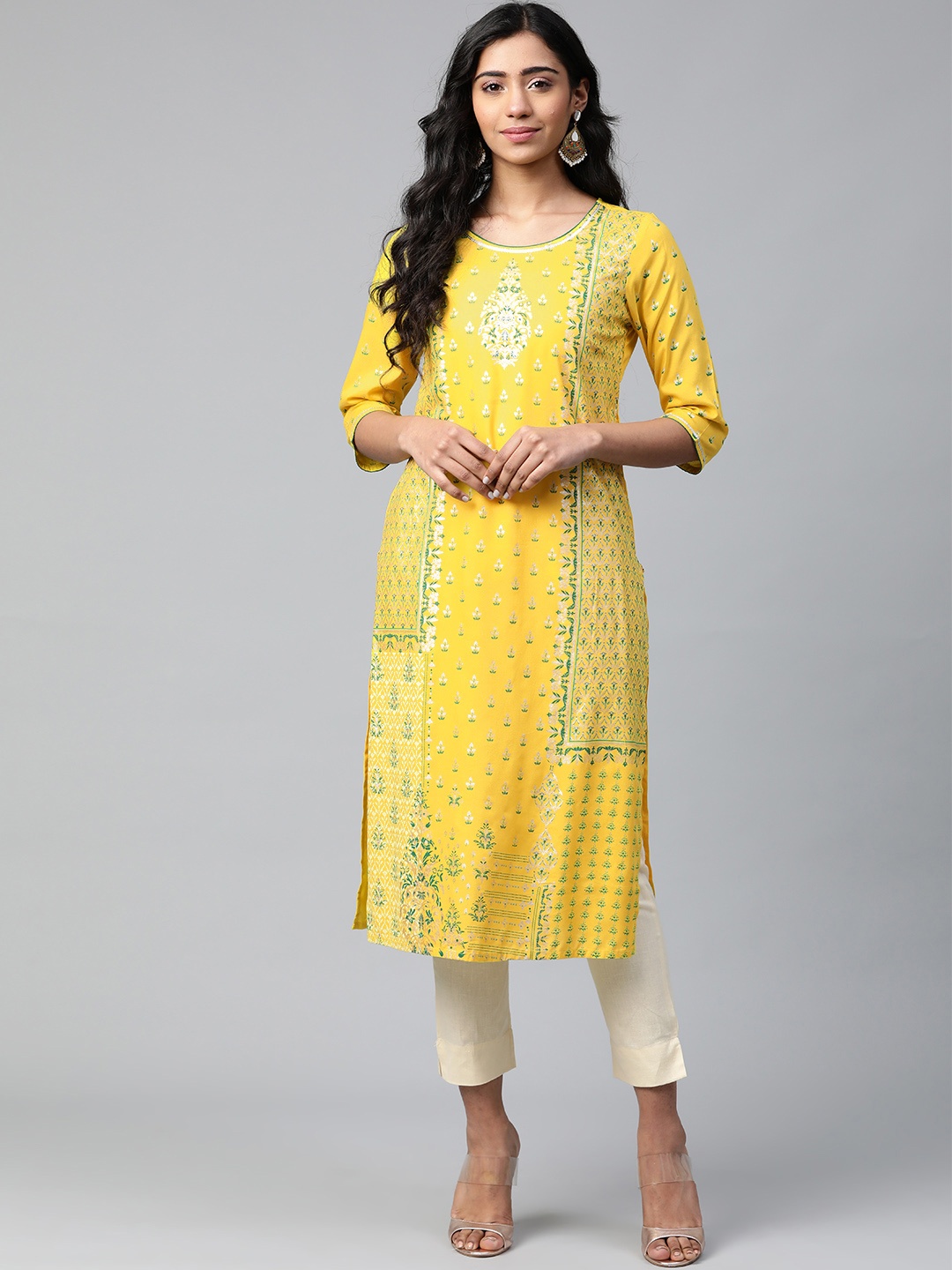 

AURELIA Women Yellow & Green Printed Straight Kurta