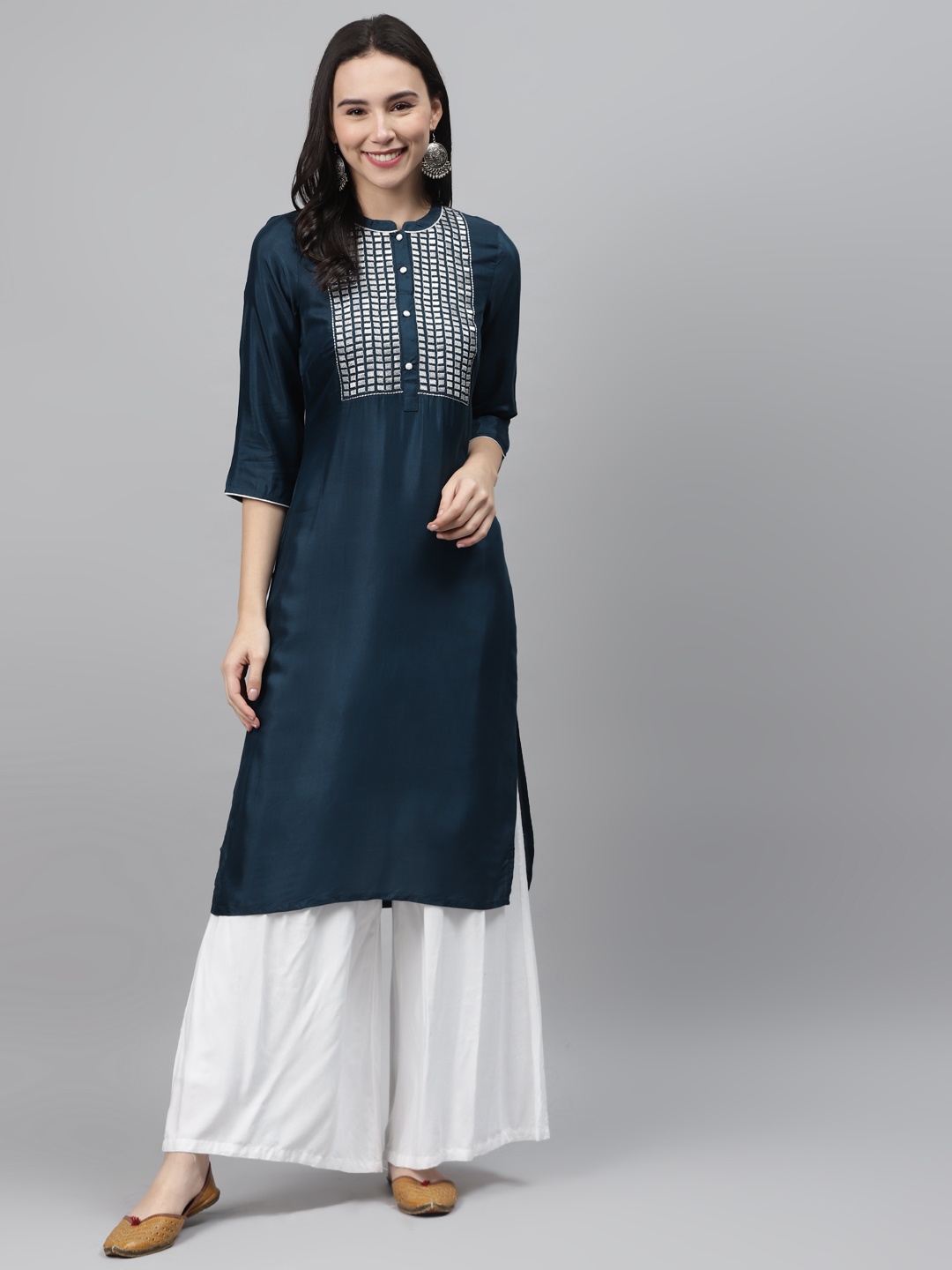 

AURELIA Women Navy Blue Yoke Design Straight Kurta