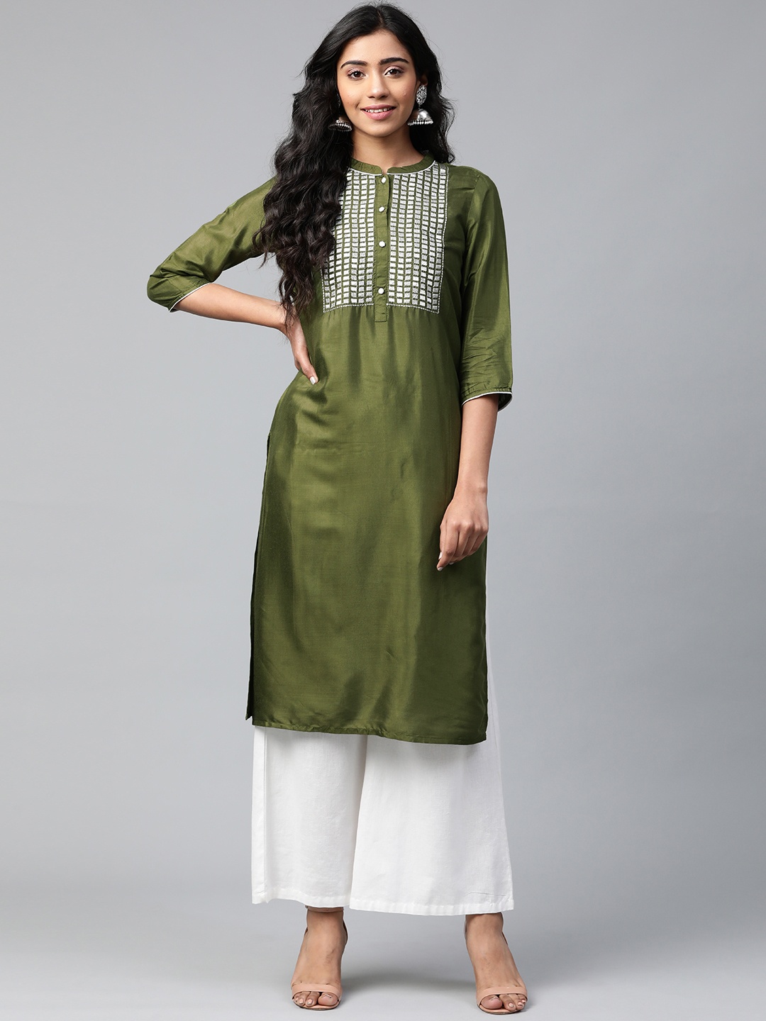 

AURELIA Women Olive Green & Silver Embroidered Yoke Design Straight Kurta