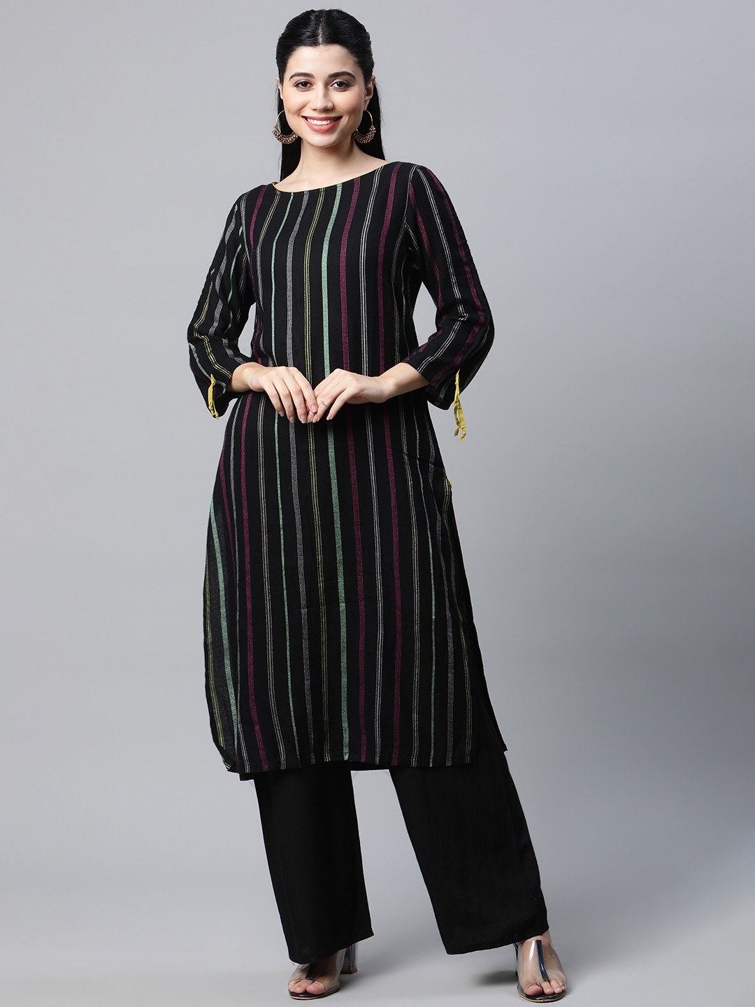 

AURELIA Women Black & Green Striped Straight Kurta