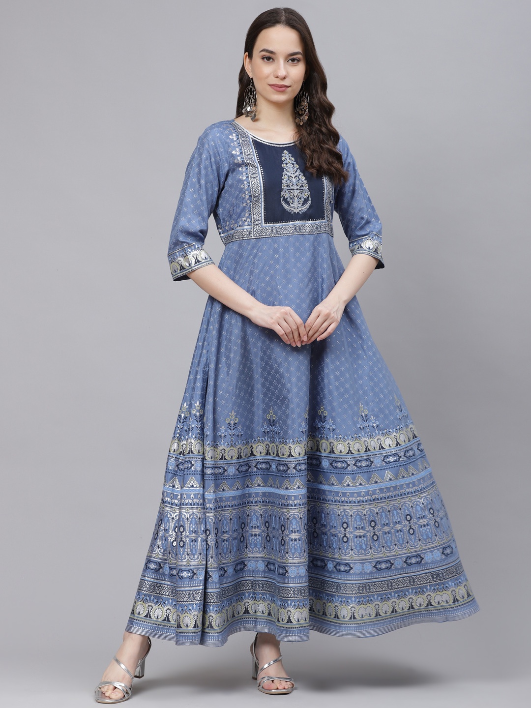 

AURELIA Blue & Beige Ethnic Motifs A-Line Maxi Dress