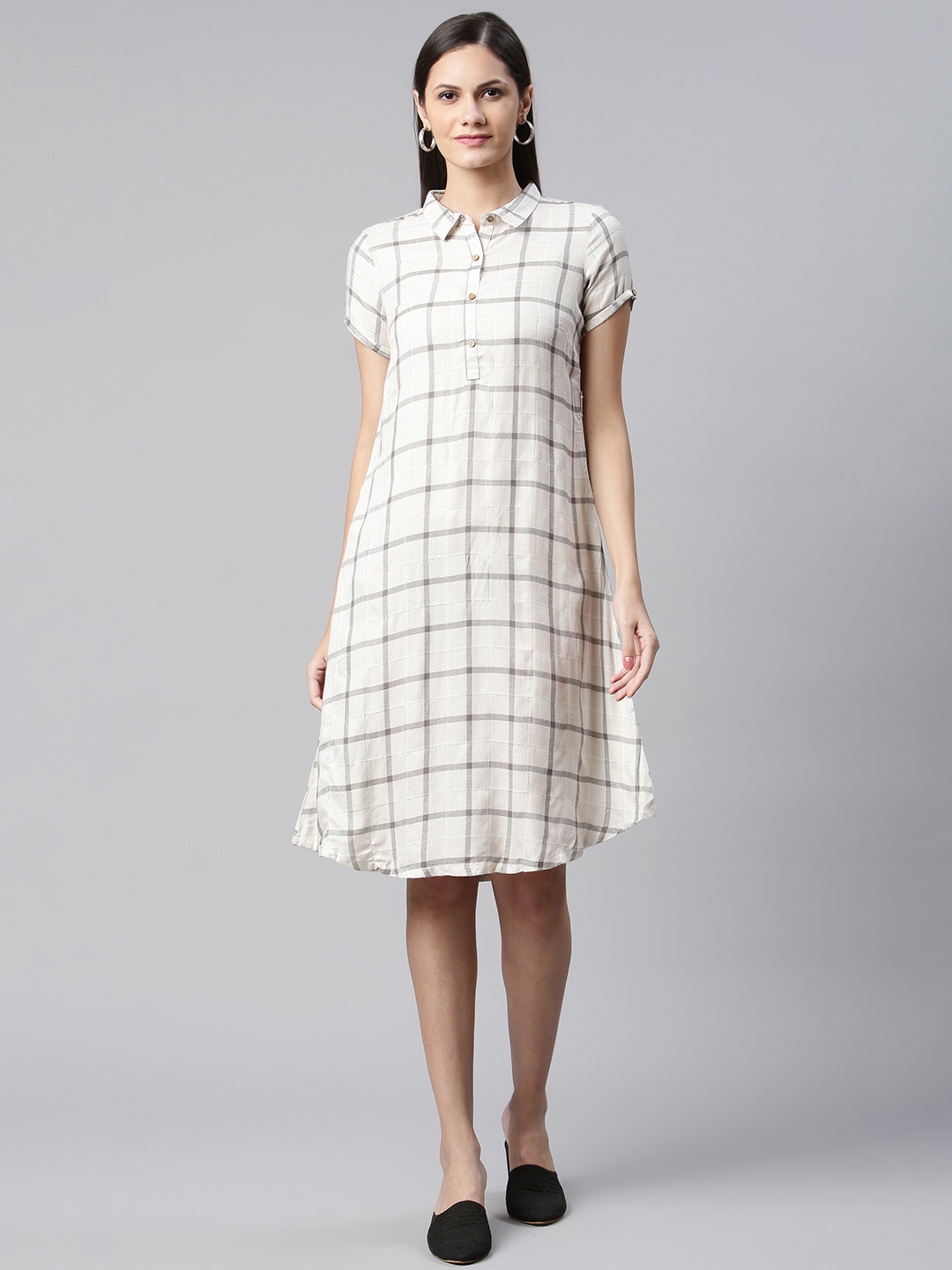 

AURELIA Off White & Grey Checked A-Line Dress