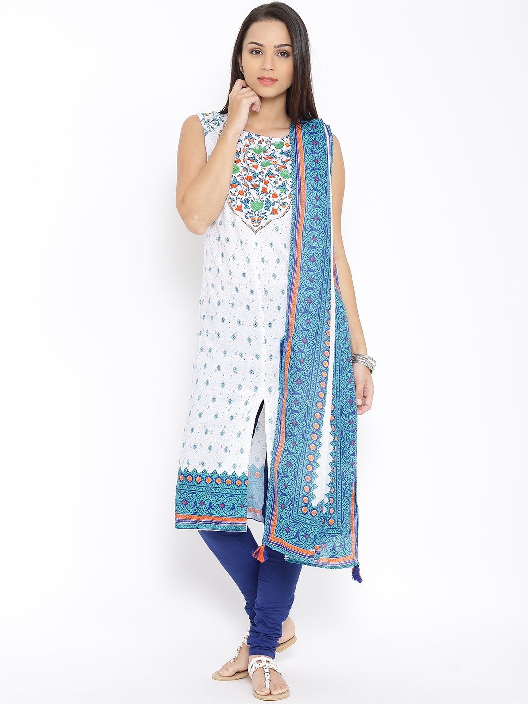 

Aurelia Off-White & Blue Printed Churidar Kurta with Dupatta
