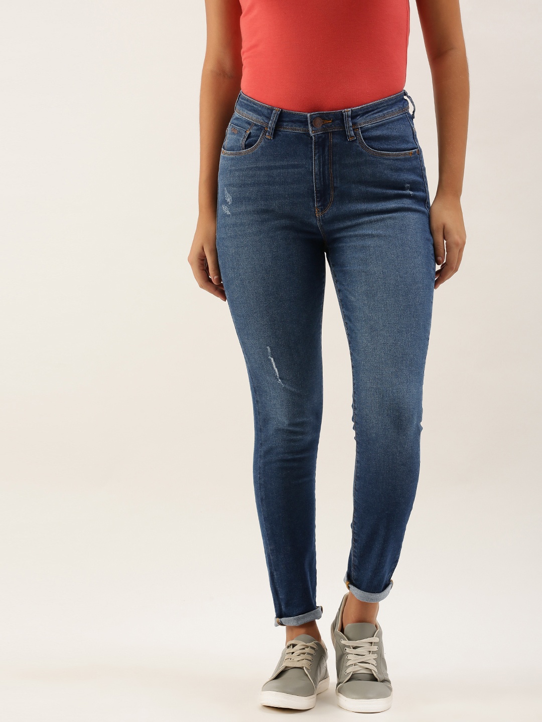 

Flying Machine Women Navy Blue Veronica High-Rise Low Distress Light Fade Stretchable Jeans