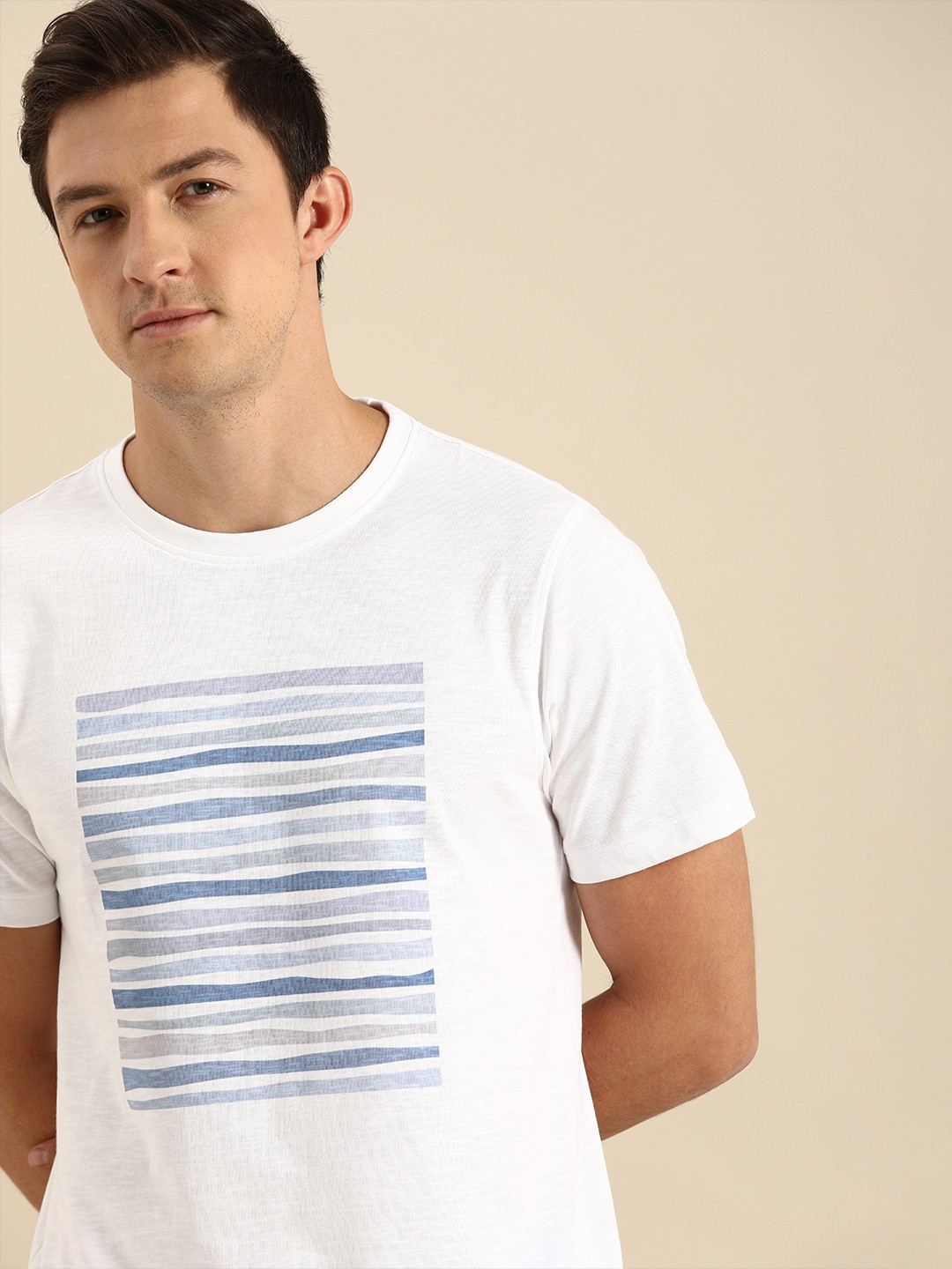

ether Men White Blue Striped Round Neck Pure Cotton T-shirt