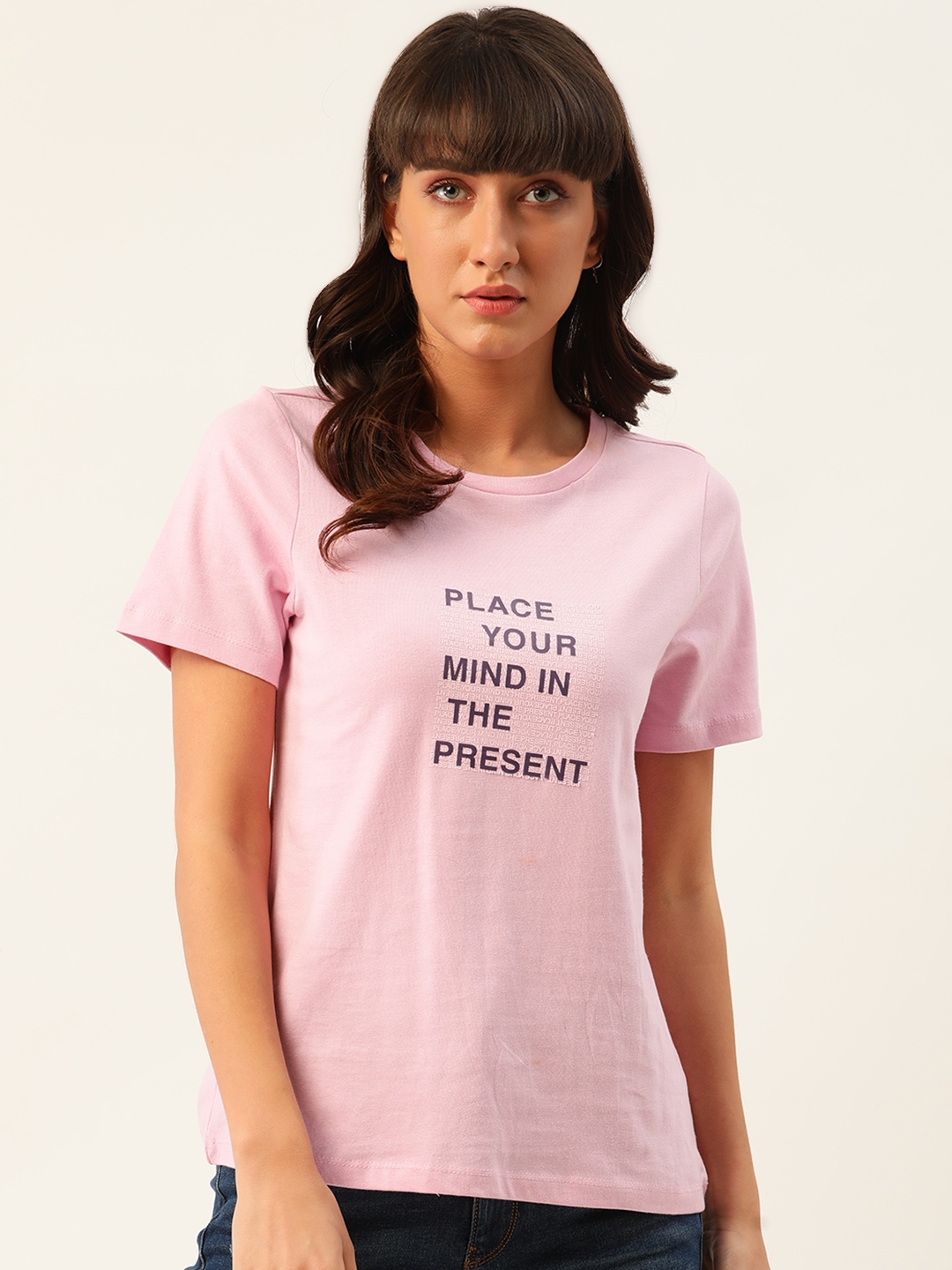 

ether Women Pink & Black Printed Pure Cotton Round Neck T-shirt