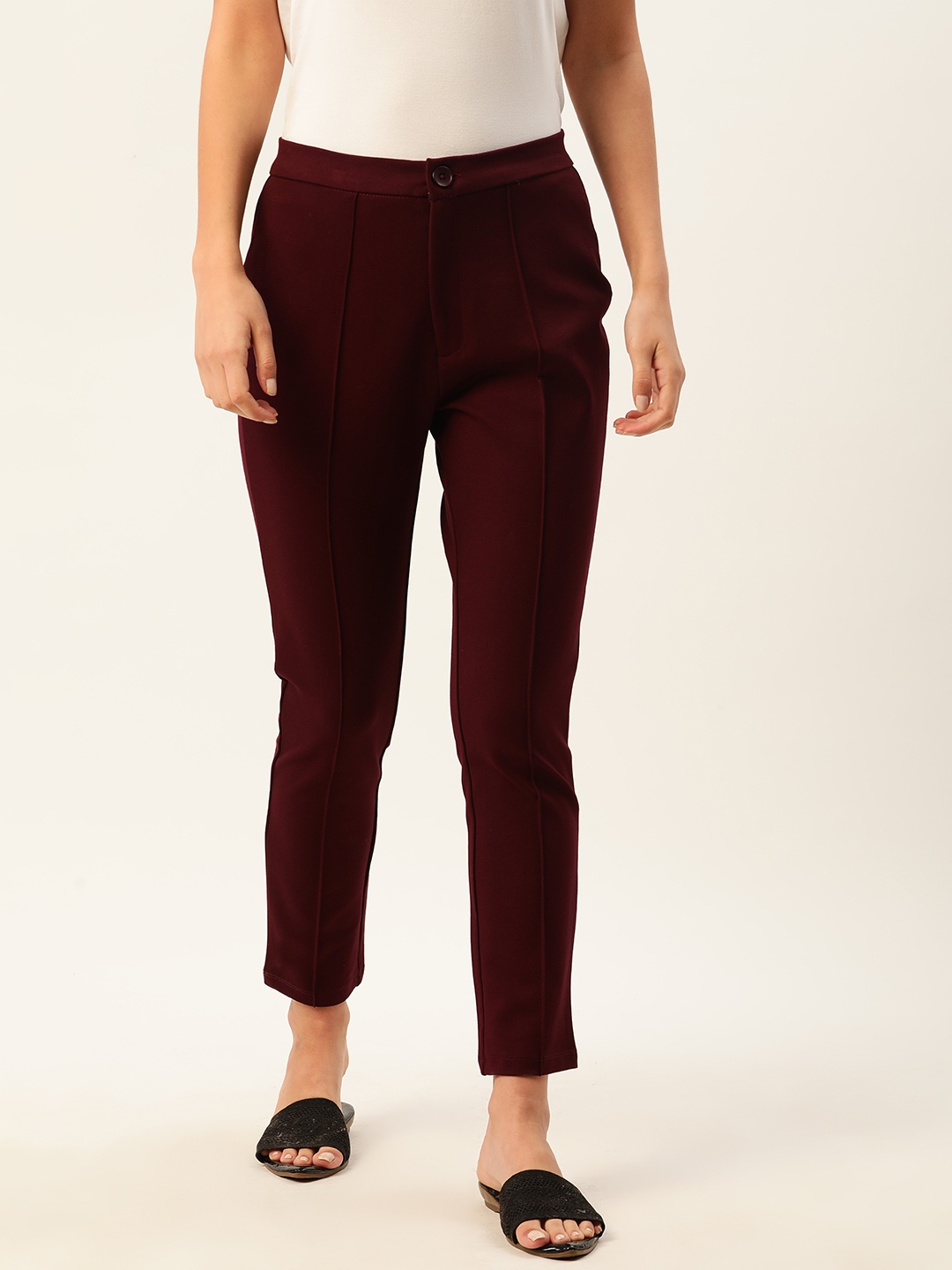 

ether Women Burgundy Regular Fit Solid Regular Trousers