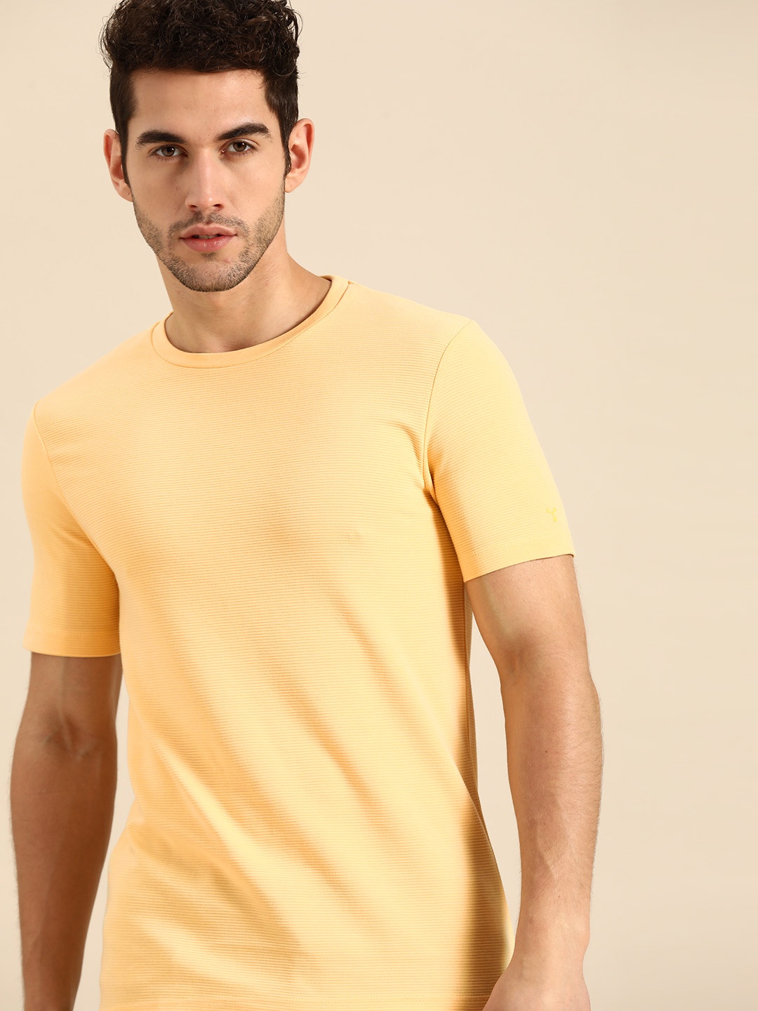 

ether Men Yellow Self-Striped Cotton Round Neck T-shirt