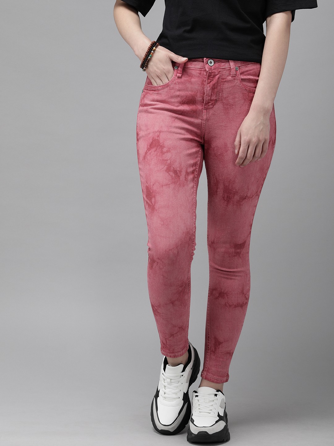 

Roadster Women Pink Skinny Fit Psychedelic Tie Dye Mid-Rise Clean Look Stretchable Jeans