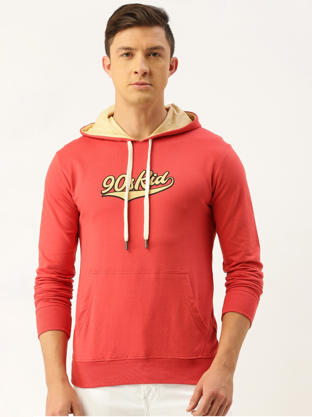 

Difference of Opinion Men Coral Red Printed Hooded Sweatshirt