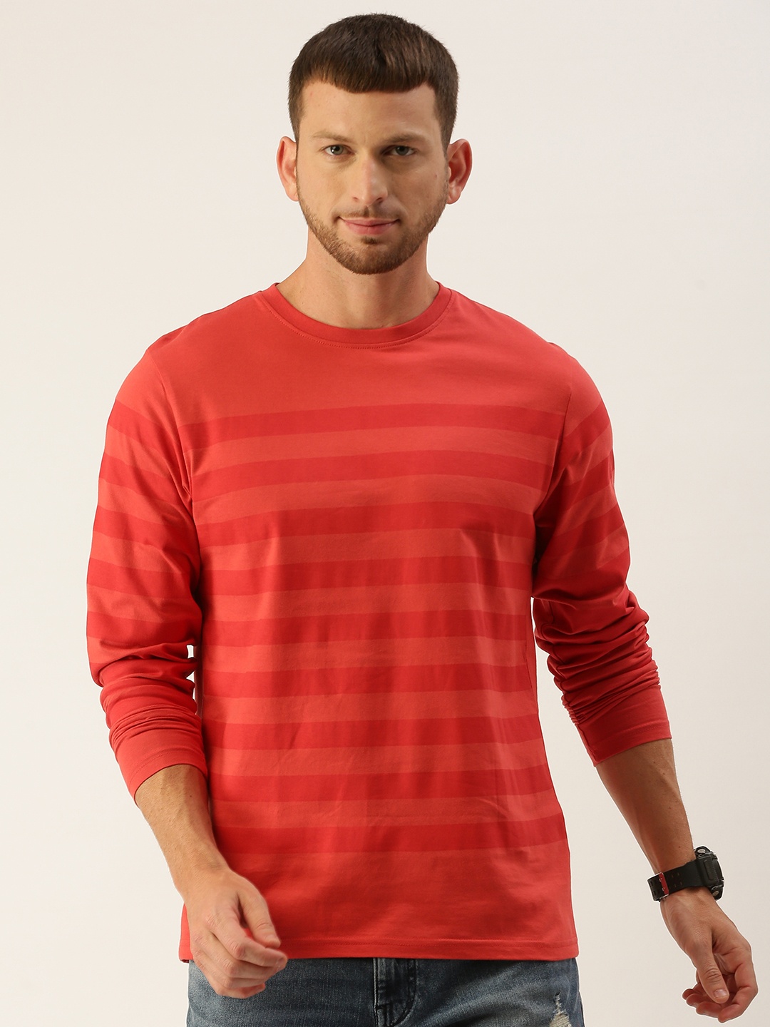 

DILLINGER Men Coral Red Striped Round Neck Pure Cotton T-shirt
