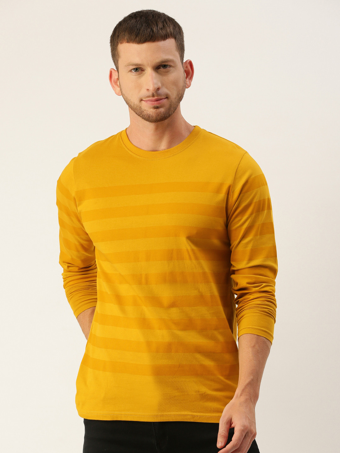 

DILLINGER Men Mustard Yellow Striped Round Neck T-shirt