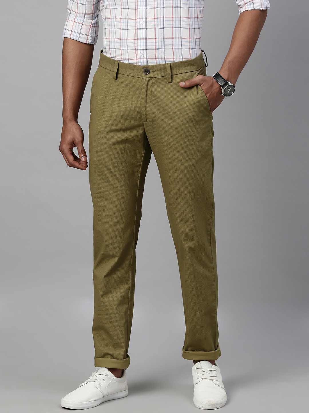 

Allen Solly Men Olive Green Slim Fit Printed Regular Trousers