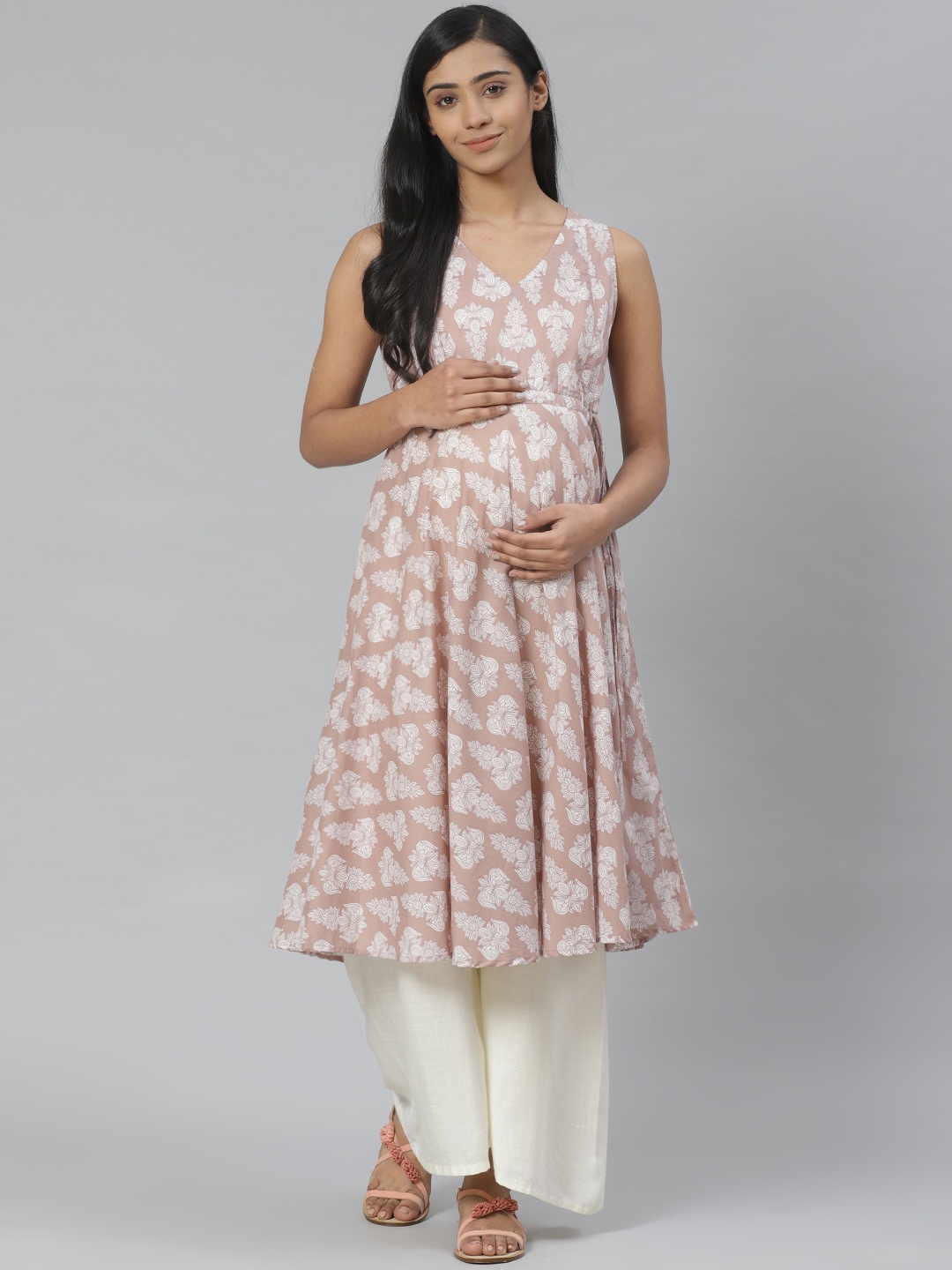 

anayna Women Beige & White Printed Anarkali Maternity Kurta