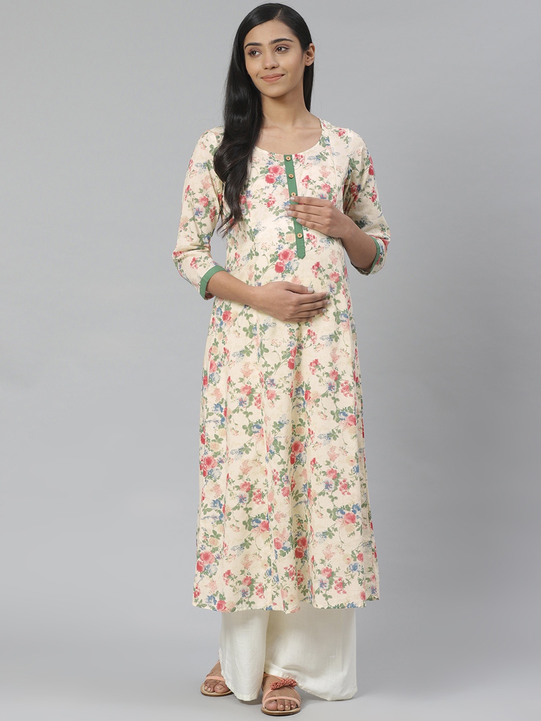 

anayna Women Cream-Coloured & Green Floral A-Line Maternity Kurta