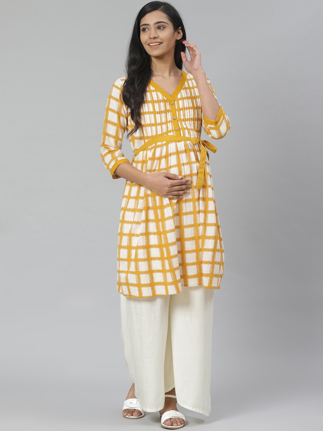 

anayna Women Mustard Yellow & Off-White Checked Pure Cotton Maternity A-Line Kurta