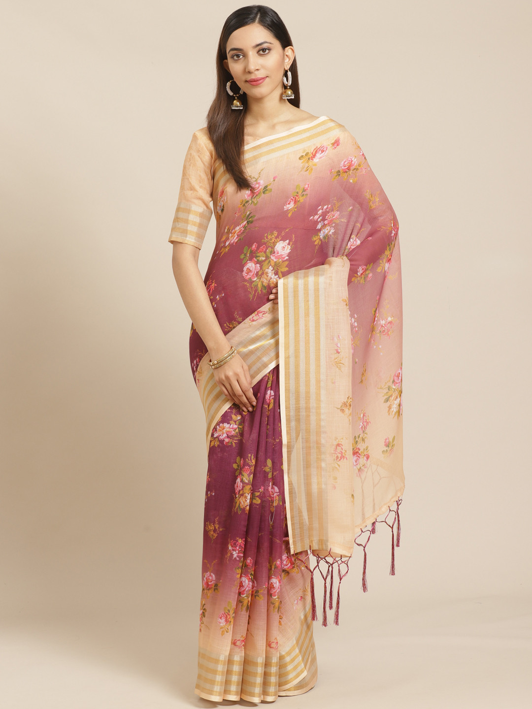 

Saree mall Burgundy & Beige Floral Print Saree