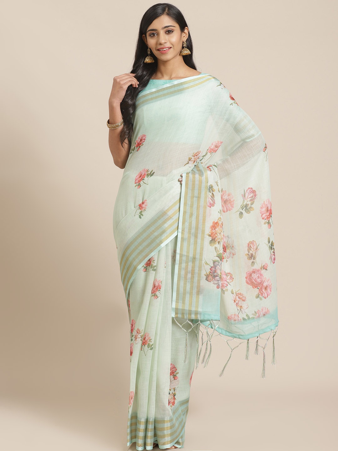 

Saree mall Sea Green & Red Floral Print Saree