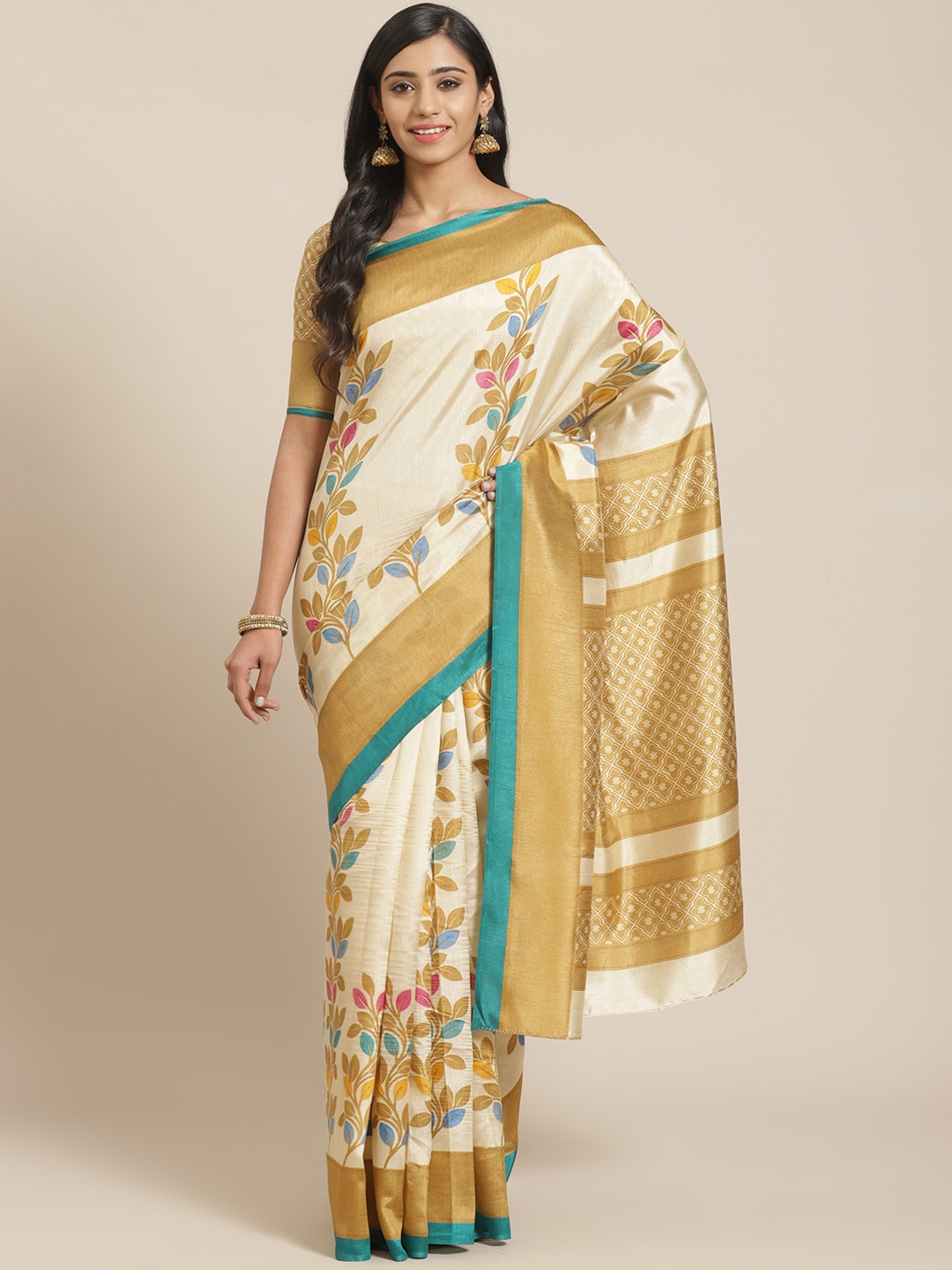 

Saree mall Beige & Blue Printed Saree