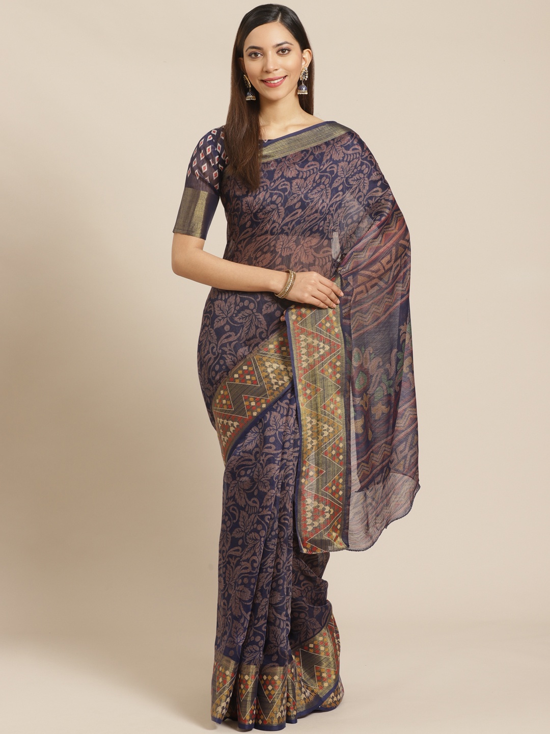 

Saree mall Navy Blue & Pink Floral Print Saree