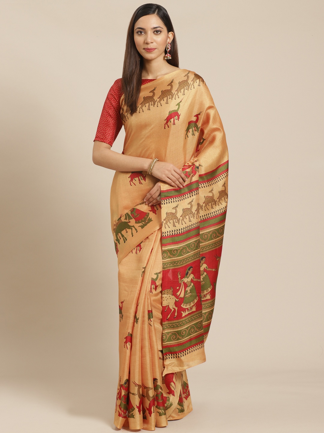 

Saree mall Golden & Maroon Printed Bhagalpuri Saree, Gold