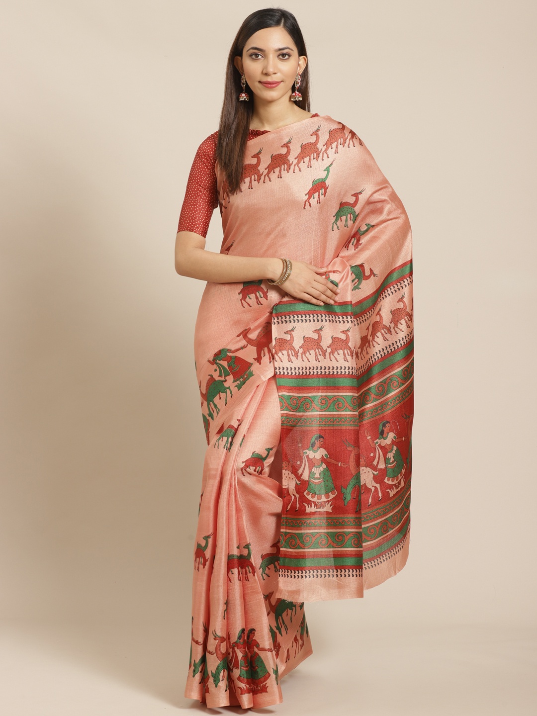 

Saree mall Peach-Coloured & Red Printed Saree