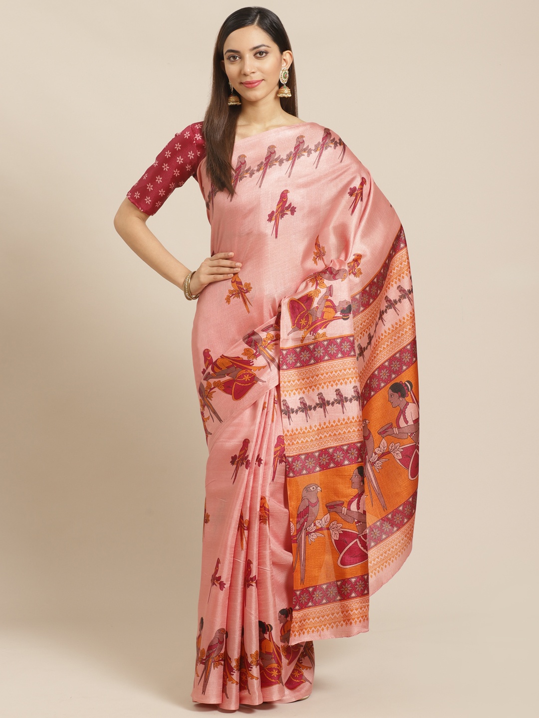 

Saree mall Peach-Coloured & Maroon Warli Print Bhagalpuri Saree