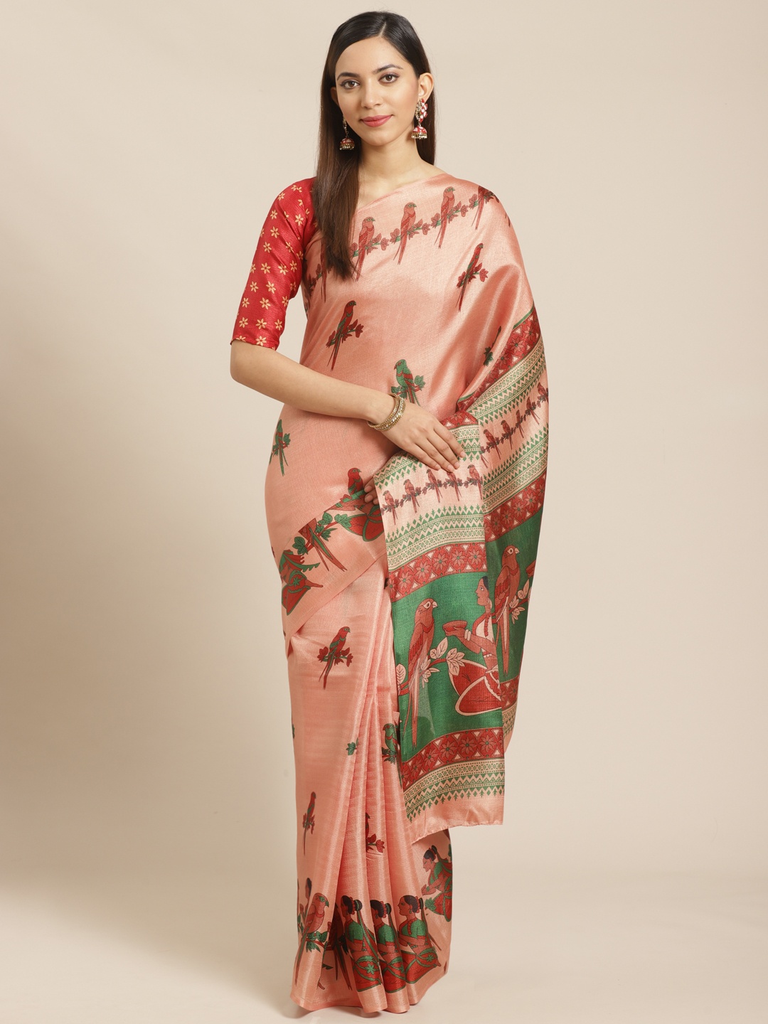 

Saree mall Peach-Coloured & Red Printed Saree
