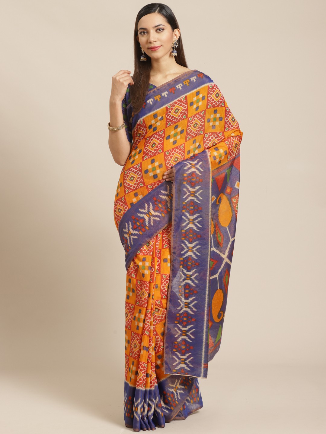 

Saree mall Orange & Navy Blue Printed Saree